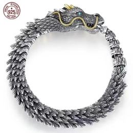 S925 Antique Silver Plated Fierce Dragon Bracelet Viking Domineering Black Dragon Men Bracelet Jewellery Bangle 20 22 23 24cm 240508