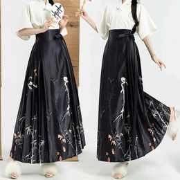 Skirts Luxury black floral print long leather womens retro Chinese style modified Hanfu skiing elegant pleated skiing 2024 summerL2405