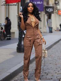 Women's Jumpsuits Rompers Znaiml Safari Style Short Sle Zipper Pocket Jumpsuit Women Fashion Cargo Pants One Piece Overalls Streetwear Playsuit Rompers d240507