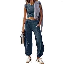 Women's Two Piece Pants Women Tracksuit Outfits Solid Colour Sleeveless Cropped Tops Harem Pant 2 Set Elastic Waist Sweatpants Casual Sets