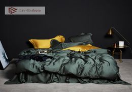 LivEsthete Deep Sleep Green 100 Silk Bedding Set Queen King Solid Colour Duvet Cover Bed Sheet Flat Sheet Pillowcace Bed Set T2008824392