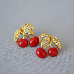 Stud Earrings Cherry Flash Diamonds 925 Silver Needle Vintage Brass Gold-plated