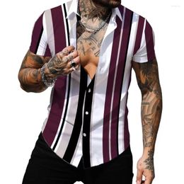 Men's Casual Shirts 2024 Colourful Striped Hawaiian Shirt Polo Collar Short Sleeve Summer Top Extra Large 5XL