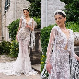 Düğün İllüzyon Elbiseleri V Yastık Deniz Kızı İncileri Muhteşem Püsküller Şapel Özel Yapımı Artı Boyut Gelin Gown Vestidos De Novia