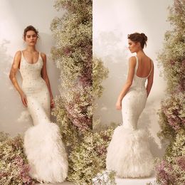 Luxury Mermaid Wedding Dresses Feather Beads Appliques Lace Bridal Gowns Custom Made Spaghetti Straps Sweep Train Backless Robe De Mariee