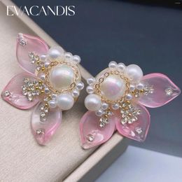 Stud Earrings EVACANDIS Handmade Ladies Pink Petal Pearl Gem Zircon Sweet Plated With 18k Gold S925 Silver Needle