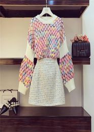 Fall Winter New Contrast rainbow rhombic knit Sweater Sexy Short Tweed Skirts Womens Elegant Skirts Twopiece Set Female 2011239588091