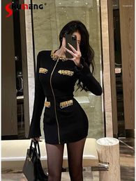 Casual Dresses Spring 2024 Fashion Bead Long Sleeve Dress For Women Waist-Tight Slim Girl Black Hip-Wrapped Skirt Women's