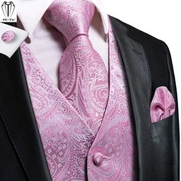 HiTie Silk Mens Suit Vests Pink Paisley 4PC Woven Waistcoat Tie Pocket Square Cufflinks Set Business Wedding Dress Waist Jacket 240507