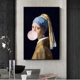 Girl with Pearl Earrings Famous Art Canvas Oil Painting Reproductions Girl Blow Pink Bubbles Wall Art Posters Picture Home Decor Unframed