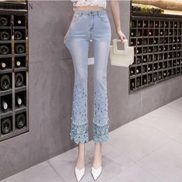 Women's Jeans Women's High Waist Slim Elastic Vintage Peals Beading Lace Patchwork Drilling Trouser Denim Flare Pants Female