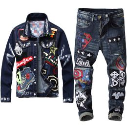 Dark Blue Tracksuit Embroidery Patch Design Jacket Jeans 2 Piece Set Multi-badge Skull Jeans Sets Slim Denim Jacket and Flag Badge Pain 265O