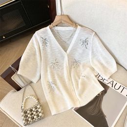 Women's Knits 2024 Summer T-shirt Shirt Short Sleeve Heavy Craft Embroidery Cotton Tee Fashion Casual Woman Clothing