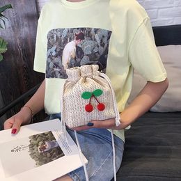 Shoulder Bags Women Drawstring Crossbody Bag Handmade Cherry Woven Bucket Sling Versatile Summer Beach Purse Female Travel