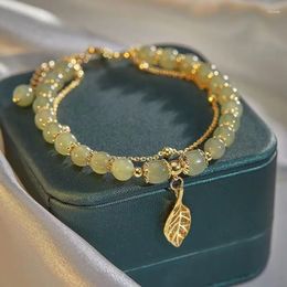 Charm Bracelets Chinese Style Green Jade Bracelet For Women Exquisite Gold Colour Leaves Wrist Strap Bangle Double Chain Girls Gifts