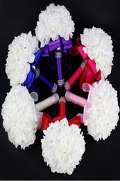 2020 Elegant Rose Artificial Bridal Flowers Bride Bouquet Wedding Bouquet Crystal Royal Blue Silk Ribbon New Buque De Noiva 10 Col1212458