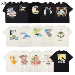 Rhude High end designer clothes for Distinguishing Market Currency Letter Poster Printing Summer New Couple Loose Short Sleeve T-shirt Trend With 1:1 original labels