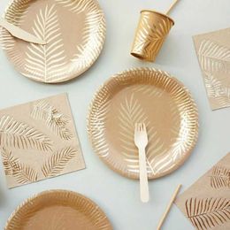 Disposable Dinnerware kraft paper tabletop set with golden palm leaf pattern cup towel lawn party decoration wedding and birthday tableware Q240507