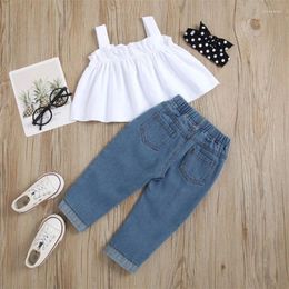 Clothing Sets Kids Girls Summer 2PCS Pants Solid Colour Sleeveless Cami Tops Blue Ripped Denim