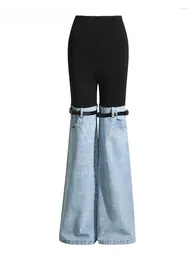 Women's Pants Hit Color Patchwork Denim Wide Leg Female High Waist Casual Button Flat Loose