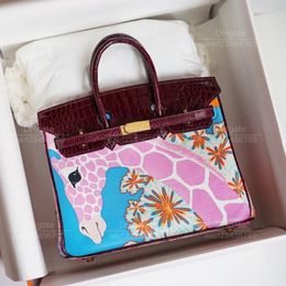 12A Mirror quality luxury Classic Designer Bag woman 's handbag bag all handmade genuine leather patchwork crocodile bag 25cm burgundy Creative Design shopping bag