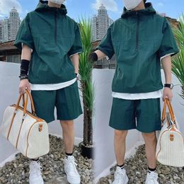 Summer Cargo Style Set Mens Casual Hooded Solid Short Sleeve T-shirt Shorts Loose Fashion High Quality Handsome Sweatshirt Suit 240429