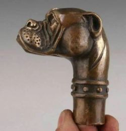 Sculptures Bronze Statue Dog Old Cane Walking Stick Head Handle Accessorie Collection Height 6.7cm