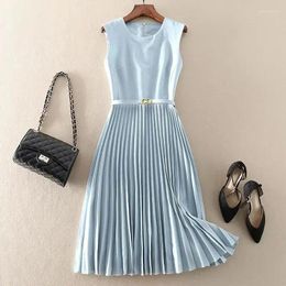 Casual Dresses Sleeveless Pleated Dress With Belt Women's 2024 Summer Korean Style Fashion Stylish Solid Color Loose Round Neck Dres