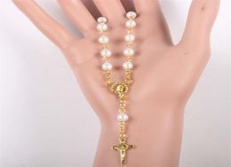 Religious Vintage Prayer Women Christian Bead Chain glass pearl Catholic Rosary Bracelet gold color 2110145958938