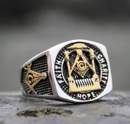 Mens Masonic mason Statement Ring Gold Colour 316L Stainless Steel Ring masonry Signet Rings Biker Jewelry7546463