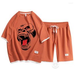 Men's Tracksuits Summer Daily Casual Waffle Suit Fashion Printed T-shirt Shorts Two-piece Set Breathable Cycling Jogging M-3XL