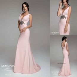 Pink Tmarmonia Customized Mermaid Evening V Neck Sleeveless Backless Formal Dress Lace Crystal Sequins Party Bridesmaid Gown 0508