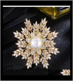 Fashion Women Big Pearl Flower Crystal Rhinestone Snowflake Brooch Pins Gold Silver Cor For Lady Gift Designer Jewelry 5Teat Srn4L6189389