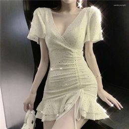 Party Dresses 2024 Fashion Sequins Qipao Chinese Dress Sexy V-Neck Skirt With Drawstring Women Banquet Gown Formal