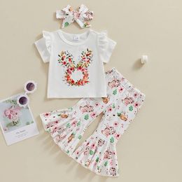 Clothing Sets 2024-01-13 Lioraitiin Kids Girls Easter Outfit Floral Print Short Sleeve T-Shirt Flare Pants Headband Set Summer Clothes