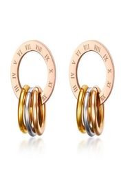 Womens Rose Gold Stainless Steel 3 Rings Roman Numerals Dangle Drop Stud Piercing Earrings5691844