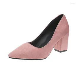 Dress Shoes Square Heel Women Pointed Toe Pumps Fashion Grey High Heels Asakuchi Flock Leather Black Party Plus Big Size