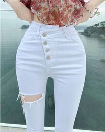 Women's Jeans White Women Sexy Hole High Waisted 2024 Summer Pencil Pants Ladies Elastic Denim Single-breasted Button Mom Spring