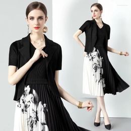 Work Dresses Miyake Pleated 4-color Optional Ink Printed Suit Skirt Fashion Slim Two-piece Women's Dress Chinese Style Robe