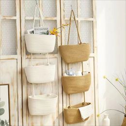 Wall Hanging Cotton Rope Woven Storage Basket Organiser 3 Tier Multipurpose for Home Bedroom Dormitory Toys Book Organisation 240420