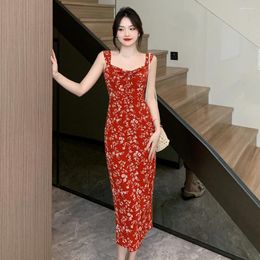 Casual Dresses Women One Piece Korean Dress Summer 2024 Office Lady French Style Sexy Vintage Sleeveless Floral Print