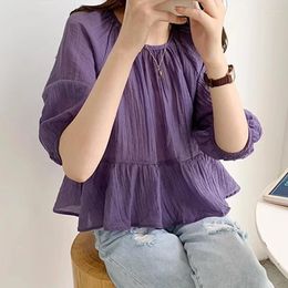 Women's Blouses Summer Loose Blouse Silk Korean Sweet Shirt Women 2024 O-Neck Ruffled Pleated Top Short Sleeve Female Clothing 15371