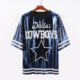 Women's T Shirts CHIC European USA Hiphop Girls Street Wear Star COWBOYS Striped Women Sequined T-shirts Top Jersey Punk Long Tee Mini Dress