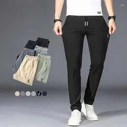 Men's Pants Trousers Summer Thin Ice Silk Casual Loose Straight High Elastic Slim Classic Style Business Suit Male