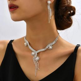 Necklace Earrings Set 3pcs Fashionable Pearl Rhinestone Tassel Jewellery For Women's Wedding Accessories