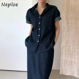 Work Dresses Neploe Elegant Lapel Neck Double Pockets Denim Coat Women High Waist Bodycon Split Skirts 2024 Summer Two Piece Sets