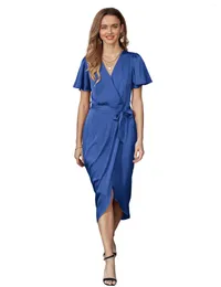 Casual Dresses Women's Cinched Waist Short Sleeve Solid Color Slit Fashion Long Dress