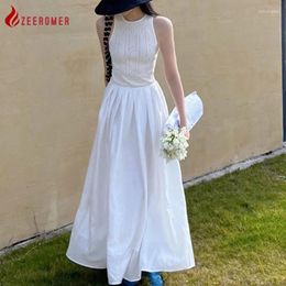 Casual Dresses 2024 Summer Elegant Simple White Sleeveless Knit Vest Patchwork Party Long Dress Women Fashion Office Lady Solid Korea