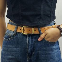 Belts 2.8cm/1.1'' Korean Style Fashionable Belt Double Stitching Trendy Retro Genuine Leather Brass Buckle Casual Jeans