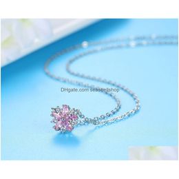 Pendant Necklaces Crystal Flower Women Sier Link Chain Pink Sakura Cherry Valentines Day Christmas Jewellery Birthday Gifts For Girl Dro Dhcbg